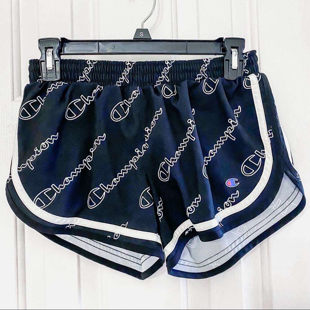 CHAMPION • Black + White Logo Print Athletic Shorts